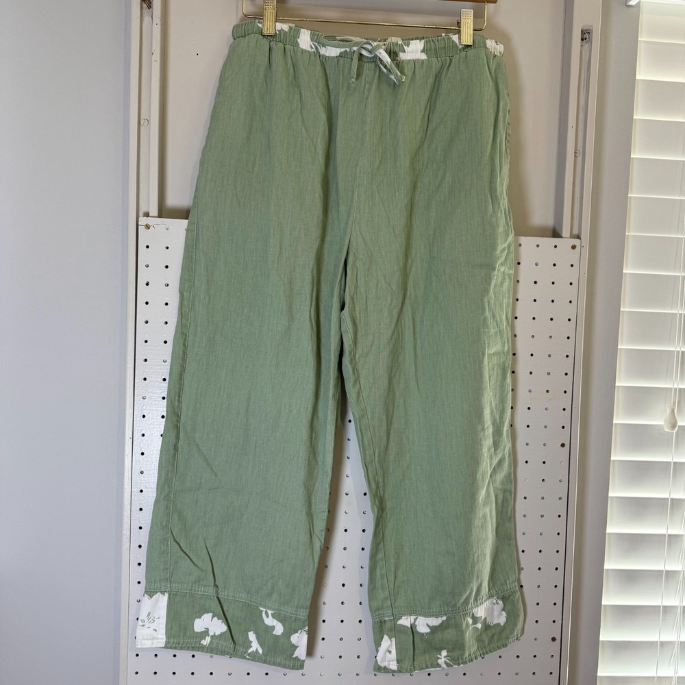 Vintage Orvis Capri Pants Women's 12 Green Floral Drawstring Waist Wide-Leg